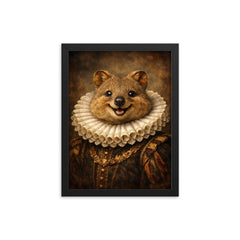 Smiling quokka in Elizabethan ruff portrait framed print on a plain backdrop in size 12"x16".