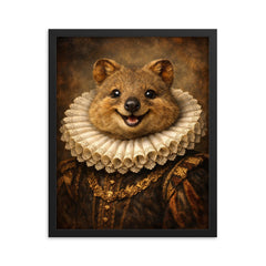 Smiling quokka in Elizabethan ruff portrait framed print on a plain backdrop in size 16"x20".