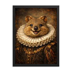 Smiling quokka in Elizabethan ruff portrait framed print on a plain backdrop in size 18"x24".