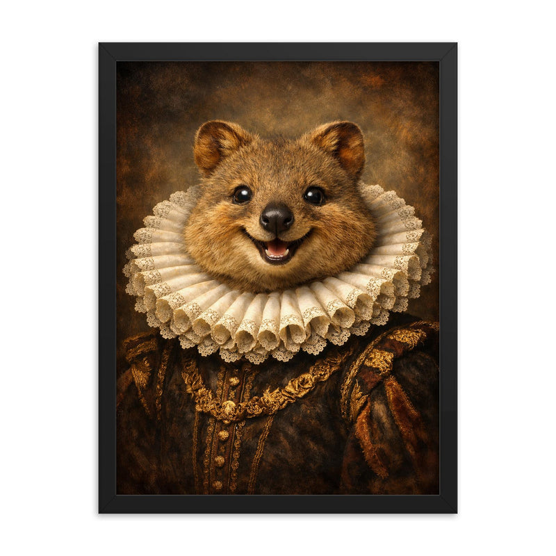 Smiling quokka in Elizabethan ruff portrait framed print on a plain backdrop in size 18