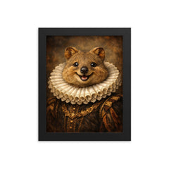 Smiling quokka in Elizabethan ruff portrait framed print on a plain backdrop in size 8"x10".