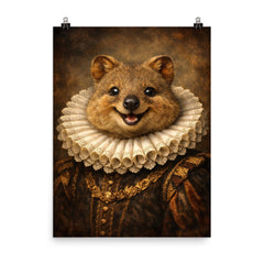 Smiling quokka in Elizabethan ruff portrait poster on a plain backdrop in size 8"x10".