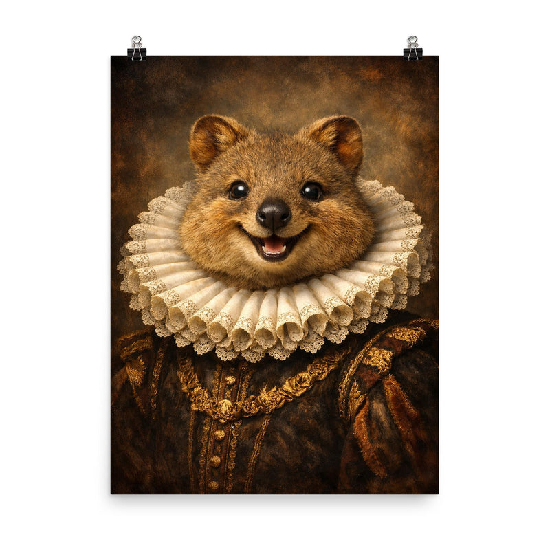 Smiling quokka in Elizabethan ruff portrait poster on a plain backdrop in size 8