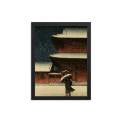 Snow at Zojo-ji Temple by Kawase Hasui framed print on a plain backdrop in size 12"x16".