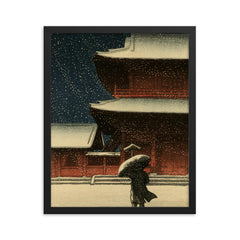 Snow at Zojo-ji Temple by Kawase Hasui framed print on a plain backdrop in size 16"x20".