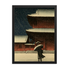Snow at Zojo-ji Temple by Kawase Hasui framed print on a plain backdrop in size 18"x24".