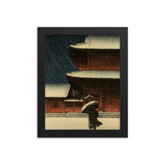 Snow at Zojo-ji Temple by Kawase Hasui framed print on a plain backdrop in size 8"x10".