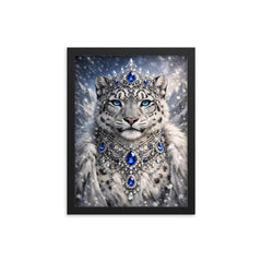 Snow leopard empress with jeweled collar framed print on a plain backdrop in size 12"x16".