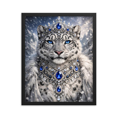 Snow leopard empress with jeweled collar framed print on a plain backdrop in size 16"x20".