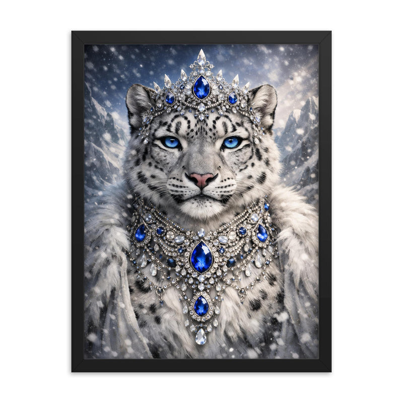 Snow leopard empress with jeweled collar framed print on a plain backdrop in size 18
