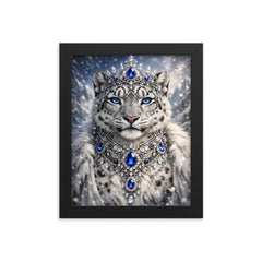 Snow leopard empress with jeweled collar framed print on a plain backdrop in size 8"x10".