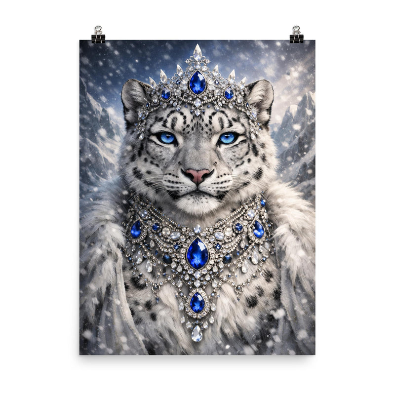 Snow leopard empress with jeweled collar poster on a plain backdrop in size 8