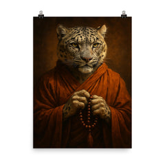 Snow leopard monk with prayer beads and scarred gaze poster on a plain backdrop in size 8"x10".