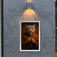 Snow leopard monk with prayer beads and scarred gaze poster 2