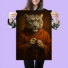 Snow leopard monk with prayer beads and scarred gaze poster 3