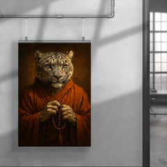 Snow leopard monk with prayer beads and scarred gaze poster 4