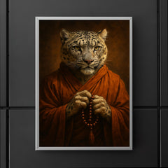 Snow leopard monk with prayer beads and scarred gaze poster 5