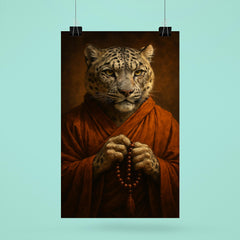 Snow leopard monk with prayer beads and scarred gaze poster 6