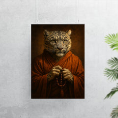 Snow leopard monk with prayer beads and scarred gaze poster 7
