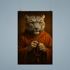 Snow leopard monk with prayer beads and scarred gaze poster 9
