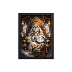 Snow leopard oracle atop carved monastery throne framed print on a plain backdrop in size 12"x16".