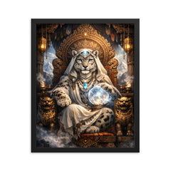 Snow leopard oracle atop carved monastery throne framed print on a plain backdrop in size 16"x20".