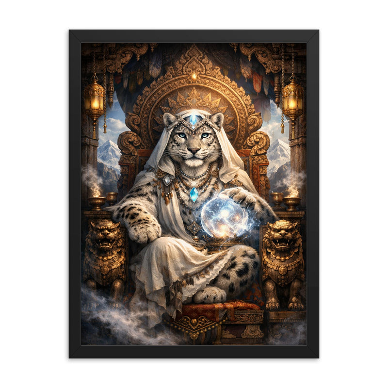 Snow leopard oracle atop carved monastery throne framed print on a plain backdrop in size 18