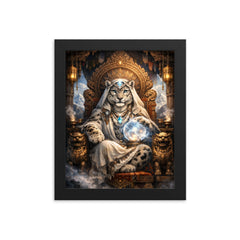 Snow leopard oracle atop carved monastery throne framed print on a plain backdrop in size 8"x10".