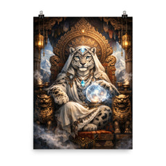 Snow leopard oracle atop carved monastery throne poster on a plain backdrop in size 8"x10".