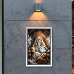 Snow leopard oracle atop carved monastery throne poster 2