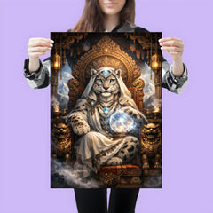 Snow leopard oracle atop carved monastery throne poster 3