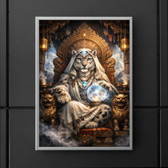 Snow leopard oracle atop carved monastery throne poster 5