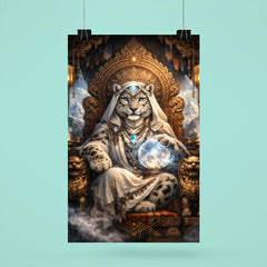 Snow leopard oracle atop carved monastery throne poster 6