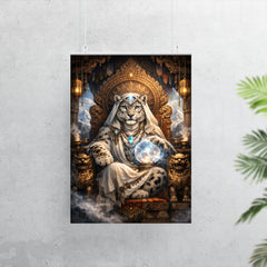Snow leopard oracle atop carved monastery throne poster 7