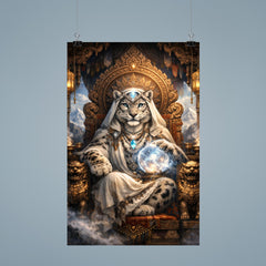 Snow leopard oracle atop carved monastery throne poster 9