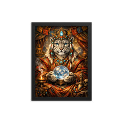 Snow leopard oracle in Tibetan brocade framed print on a plain backdrop in size 12"x16".