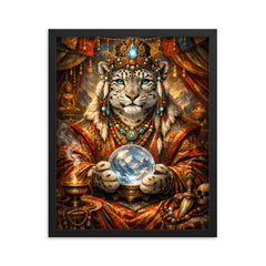 Snow leopard oracle in Tibetan brocade framed print on a plain backdrop in size 16"x20".