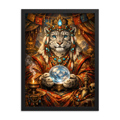 Snow leopard oracle in Tibetan brocade framed print on a plain backdrop in size 18"x24".