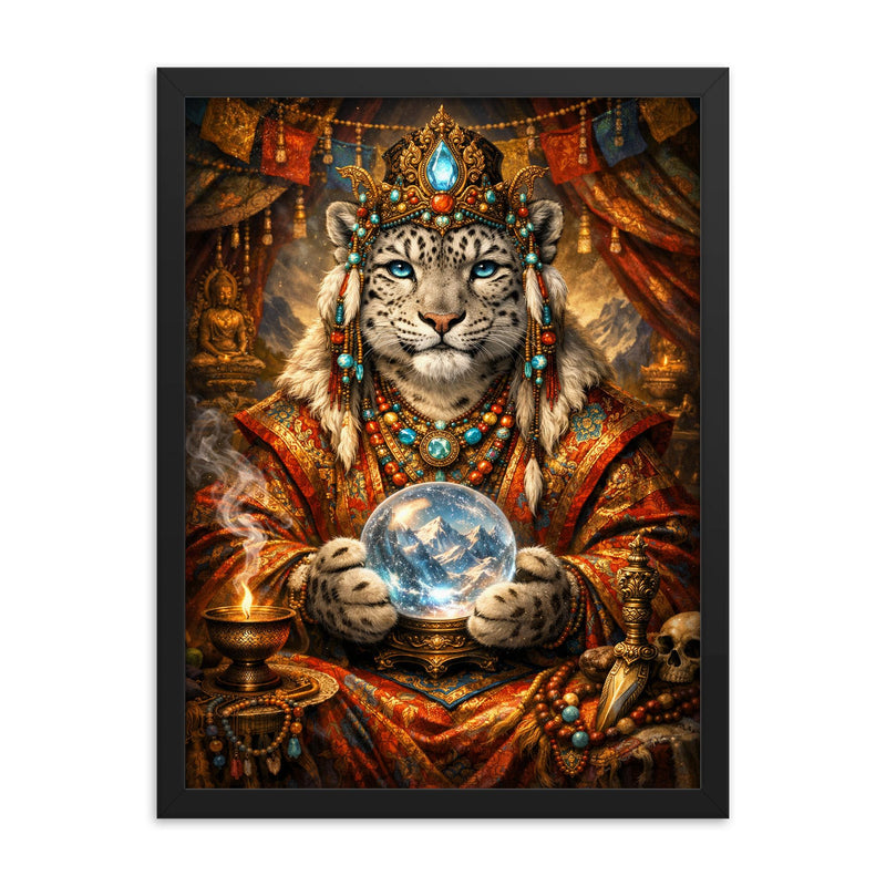 Snow leopard oracle in Tibetan brocade framed print on a plain backdrop in size 18
