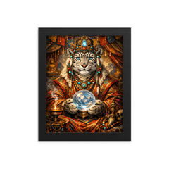 Snow leopard oracle in Tibetan brocade framed print on a plain backdrop in size 8"x10".