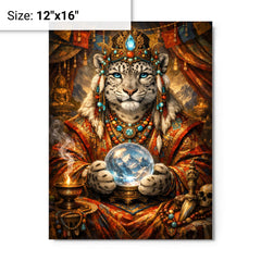 Snow leopard oracle in Tibetan brocade metal print on a plain backdrop in size 12"x16".