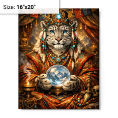 Snow leopard oracle in Tibetan brocade metal print on a plain backdrop in size 16"x20".