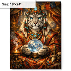 Snow leopard oracle in Tibetan brocade metal print on a plain backdrop in size 18"x24".