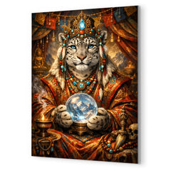 Snow leopard oracle in Tibetan brocade metal print mockup