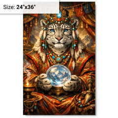 Snow leopard oracle in Tibetan brocade metal print on a plain backdrop in size 24"x36".