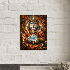 Snow leopard oracle in Tibetan brocade metal print mockup