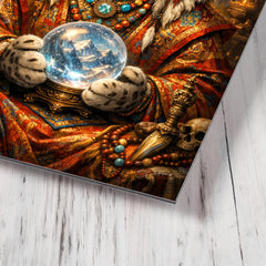 Snow leopard oracle in Tibetan brocade metal print mockup