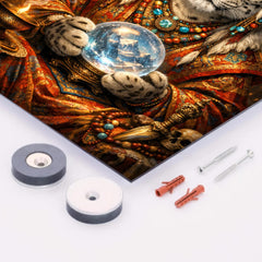 Snow leopard oracle in Tibetan brocade metal print mockup