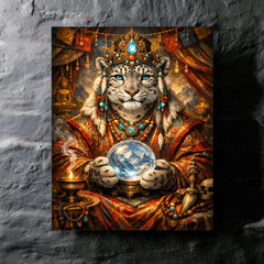 Snow leopard oracle in Tibetan brocade metal print mockup