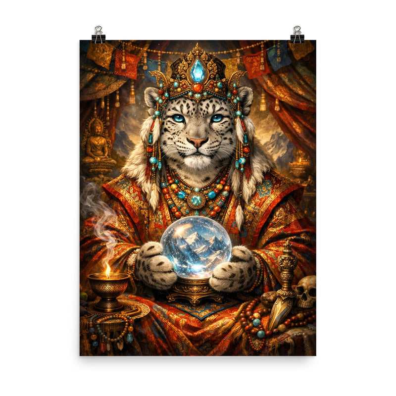 Snow leopard oracle in Tibetan brocade poster on a plain backdrop in size 8